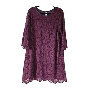 Reitmans Dress Women 2X Burgundy Lace Floral Lined 3/4 Sleeve Romance Boho Party